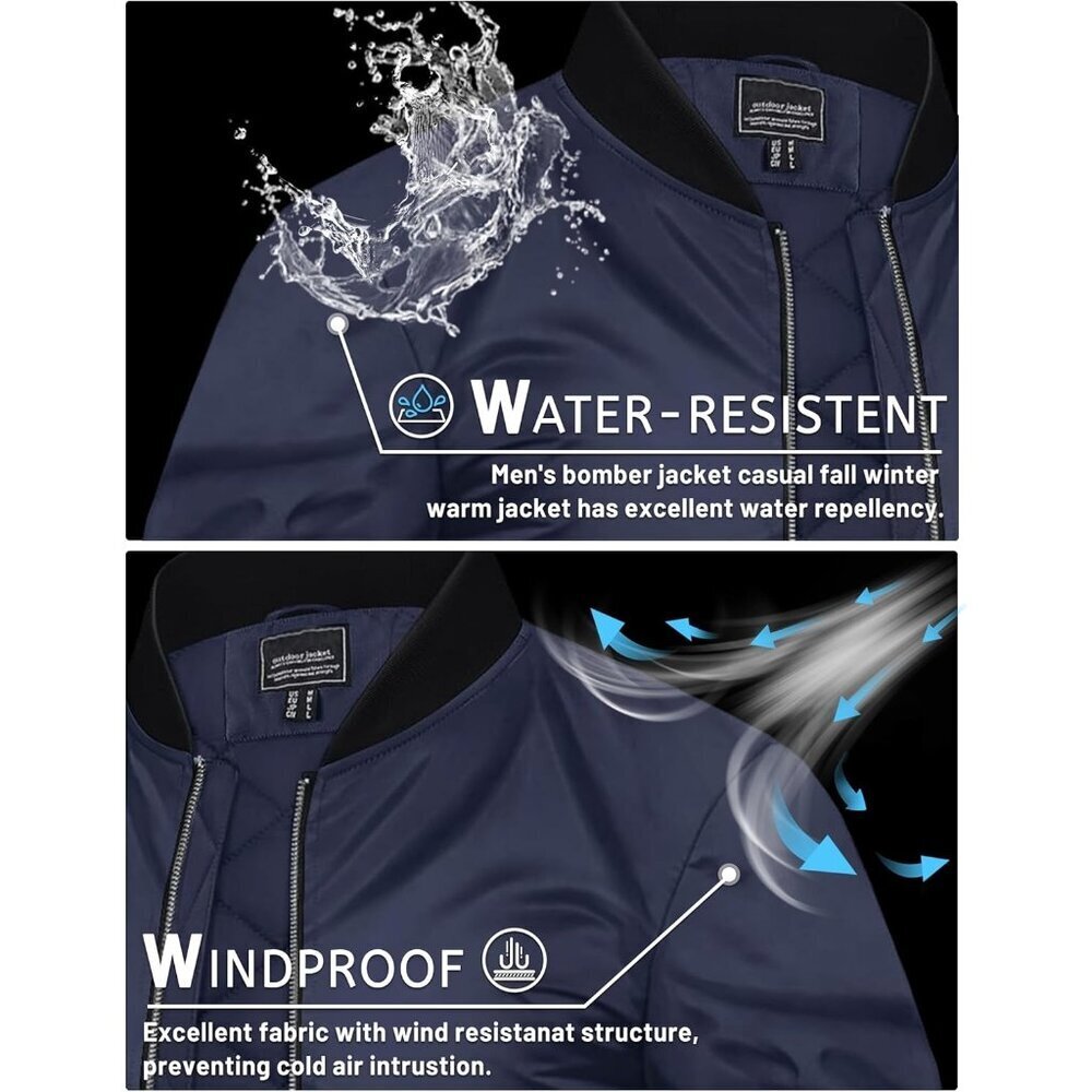 Men's Navy Zipper Spring Windproof Water Resistant Winter Warm Bomber Jacket - Picture 4 of 7